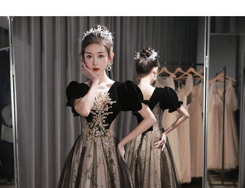 Short-Sleeve Floral Embroidered Velvet Panel Mesh A-Line Evening Gown