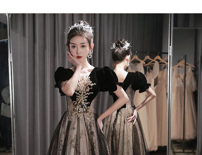 Short-Sleeve Floral Embroidered Velvet Panel Mesh A-Line Evening Gown