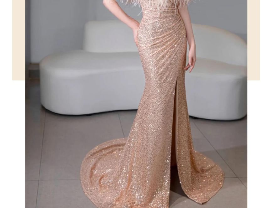 Short-Sleeve Off Shoulder Sequin Feather Trim Ruched Slit Trumpet Evening Gown