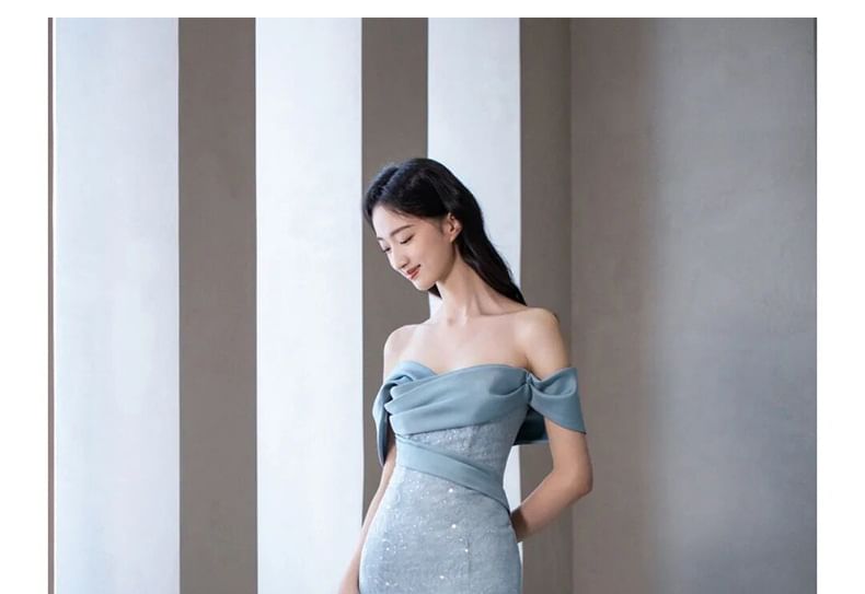 Short-Sleeve Off Shoulder Sequin Panel Trumpet Evening Gown