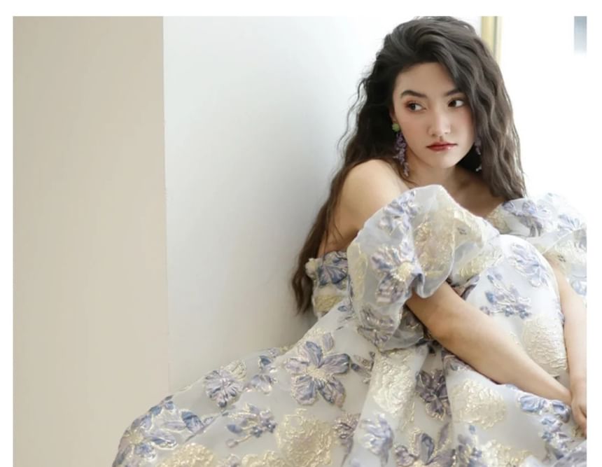 Puff Sleeve Off Shoulder Floral Jacquard A-Line Evening Gown