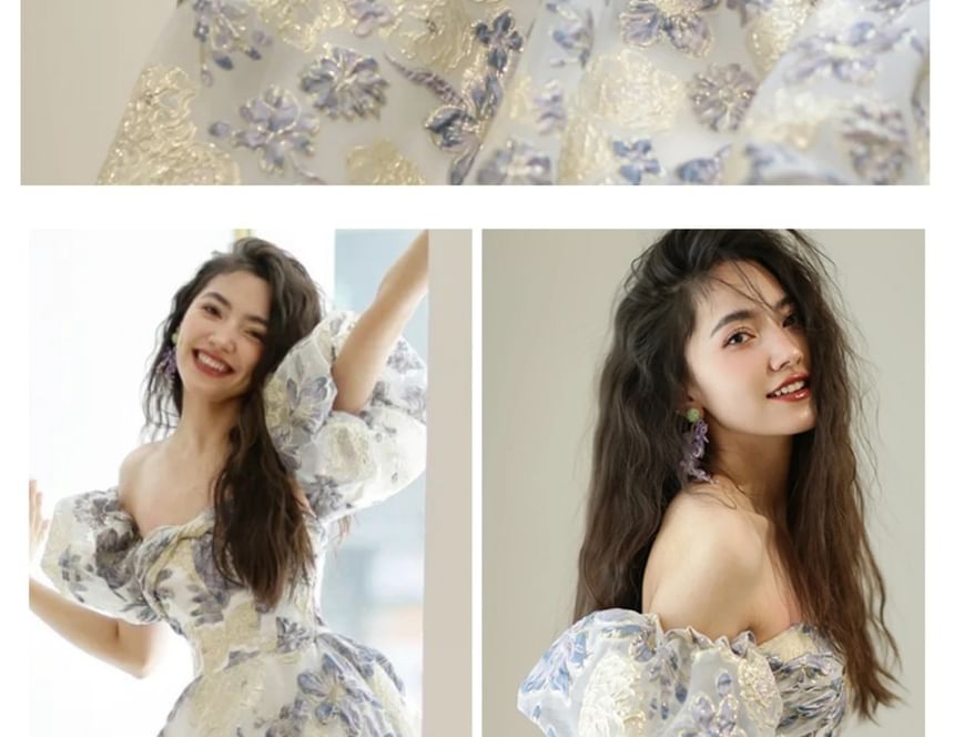 Puff Sleeve Off Shoulder Floral Jacquard A-Line Evening Gown