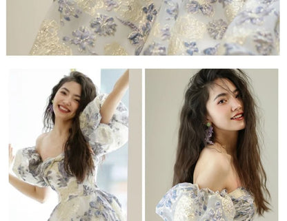 Puff Sleeve Off Shoulder Floral Jacquard A-Line Evening Gown