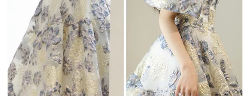 Puff Sleeve Off Shoulder Floral Jacquard A-Line Evening Gown