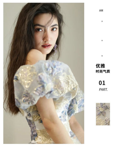 Puff Sleeve Off Shoulder Floral Jacquard A-Line Evening Gown