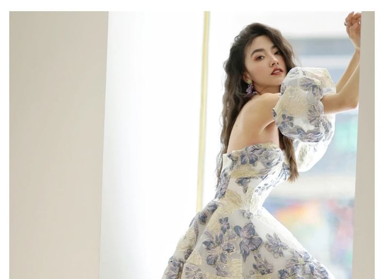 Puff Sleeve Off Shoulder Floral Jacquard A-Line Evening Gown