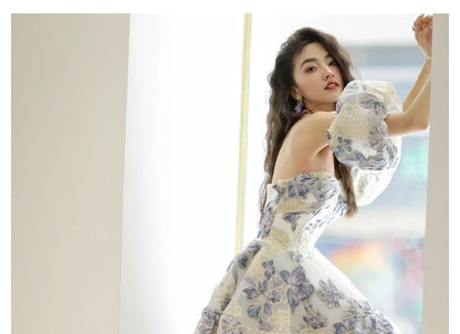 Puff Sleeve Off Shoulder Floral Jacquard A-Line Evening Gown