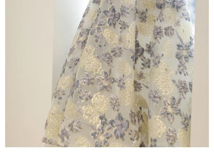 Puff Sleeve Off Shoulder Floral Jacquard A-Line Evening Gown