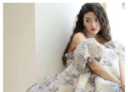 Puff Sleeve Off Shoulder Floral Jacquard A-Line Evening Gown