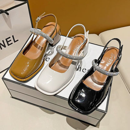 Square Toe Rhinestone Slingback Block Heel Mary Jane Pumps