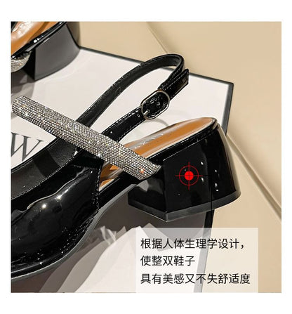 Square Toe Rhinestone Slingback Block Heel Mary Jane Pumps