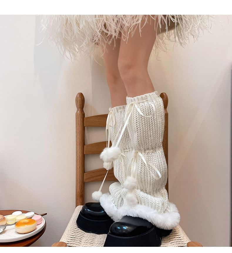 Pom Pom Fluffy Trim Knit Leg Warmers