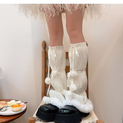 Pom Pom Fluffy Trim Knit Leg Warmers