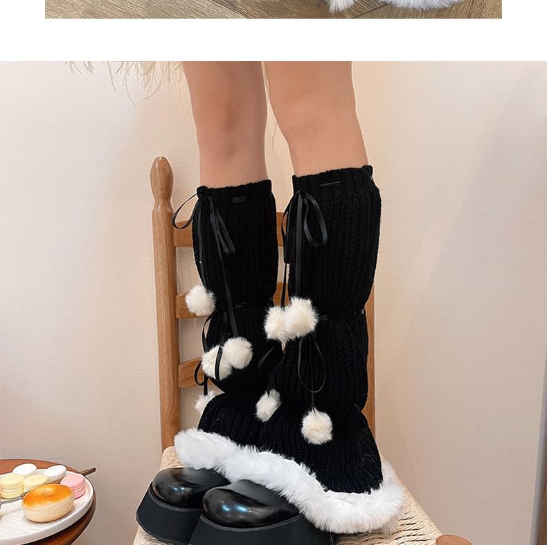 Pom Pom Fluffy Trim Knit Leg Warmers