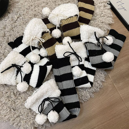 Fleece Trim Striped Knit Leg Warmers