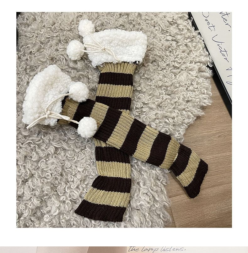 Fleece Trim Striped Knit Leg Warmers