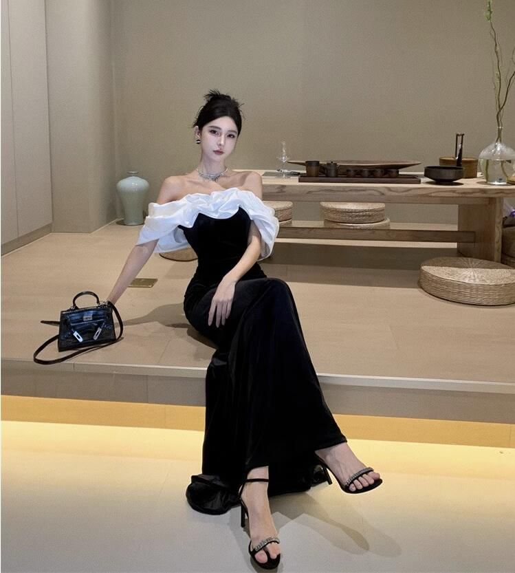 Off-Shoulder Two Tone Frill Trim Velvet Mermaid Evening Gown