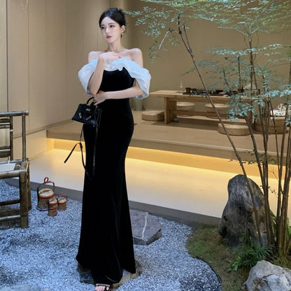 Off-Shoulder Two Tone Frill Trim Velvet Mermaid Evening Gown