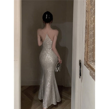 Spaghetti Strap Scoop Neck Plain Glitter Sheath Evening Gown