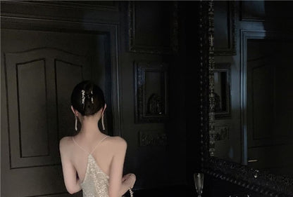 Spaghetti Strap Scoop Neck Plain Glitter Sheath Evening Gown