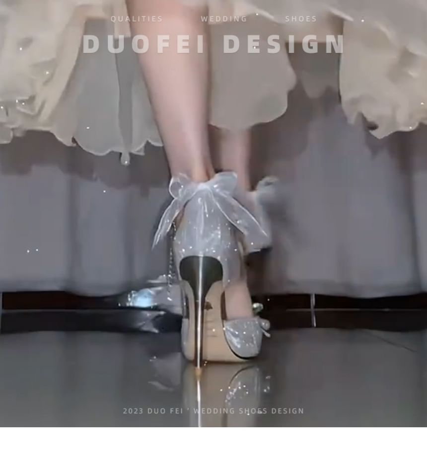 Glitter Bow Faux Pearl Ankle Strap Stiletto Sandals