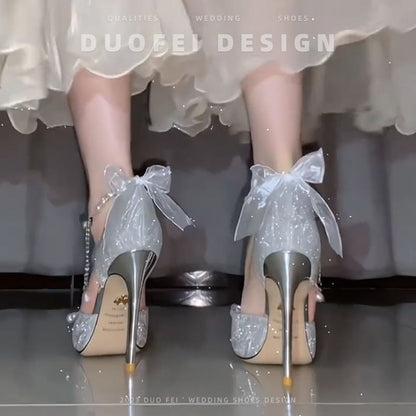 Glitter Bow Faux Pearl Ankle Strap Stiletto Sandals