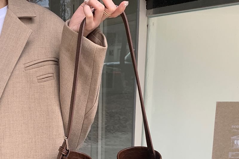 Faux Leather Plain Crossbody Bucket Bag