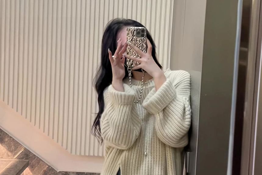 Crew Neck Plain Slit Midi Sweater Dress