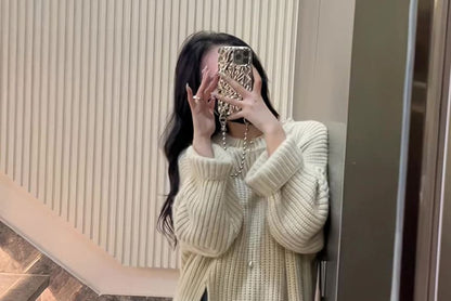 Crew Neck Plain Slit Midi Sweater Dress