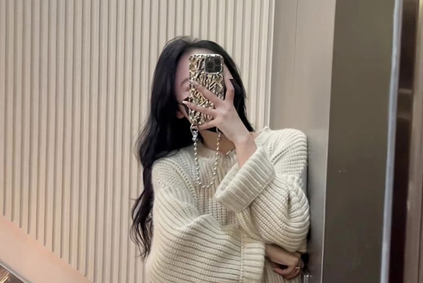 Crew Neck Plain Slit Midi Sweater Dress