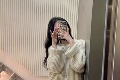 Crew Neck Plain Slit Midi Sweater Dress