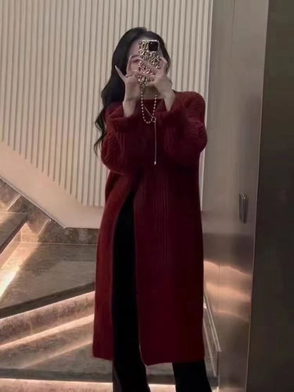 Crew Neck Plain Slit Midi Sweater Dress