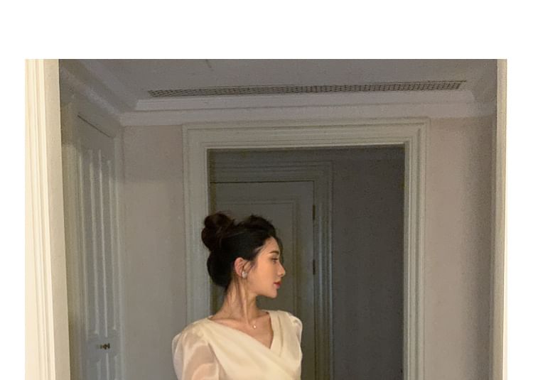 Long-Sleeve V-Neck Plain Tie Back Wrap Blouse