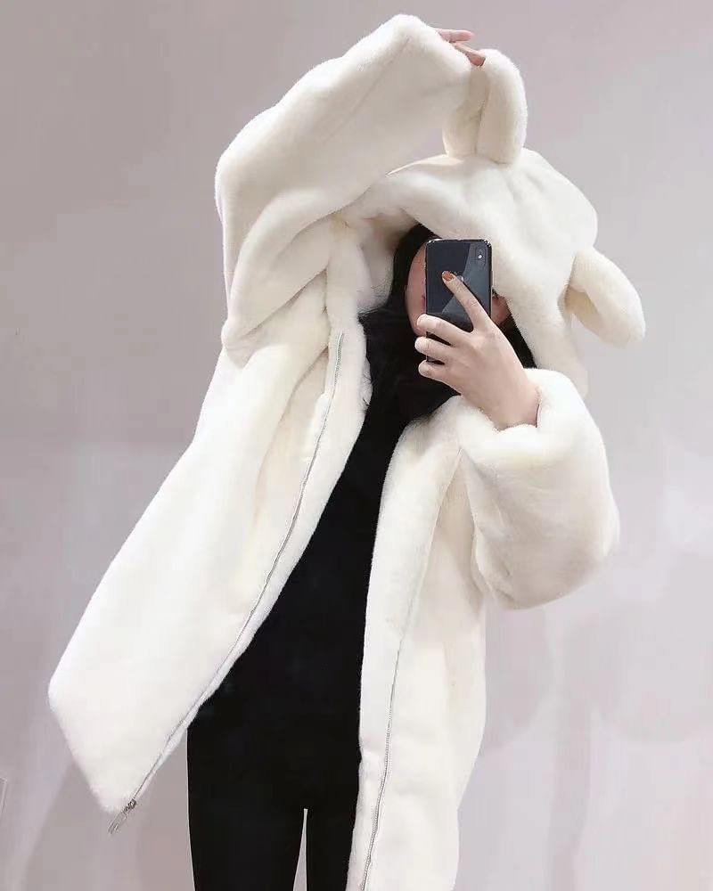 Bear Ear Hooded Fluffy Zip Jacket