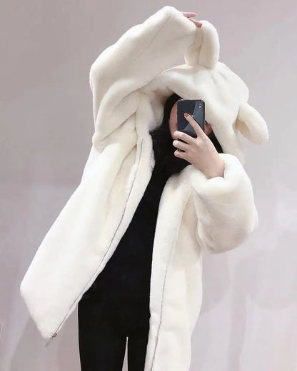 Bear Ear Hooded Fluffy Zip Jacket