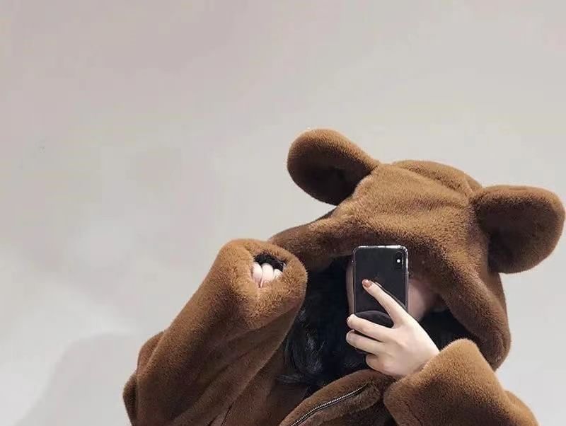 Bear Ear Hooded Fluffy Zip Jacket