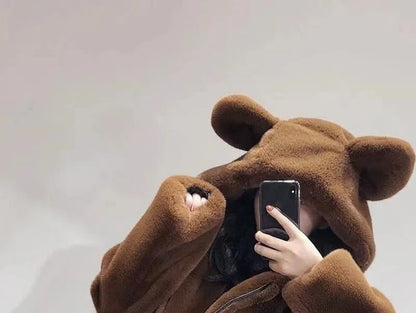 Bear Ear Hooded Fluffy Zip Jacket