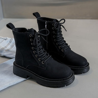 Chunky Heel Plain Faux Leather Lace-Up Short Boots