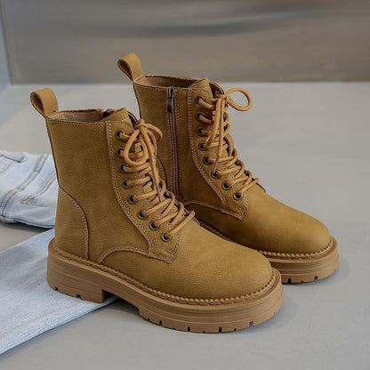 Chunky Heel Plain Faux Leather Lace-Up Short Boots