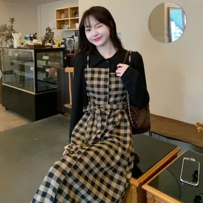 Long-Sleeve Collared Plaid Mock Two Piece Midi A-Line Dress