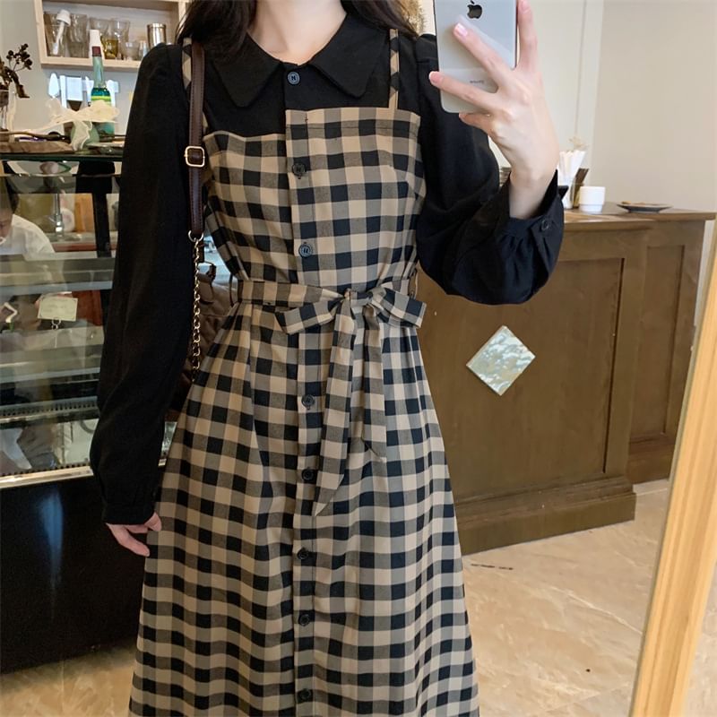 Long-Sleeve Collared Plaid Mock Two Piece Midi A-Line Dress