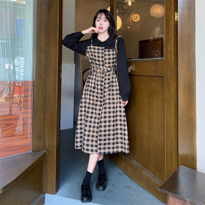 Long-Sleeve Collared Plaid Mock Two Piece Midi A-Line Dress