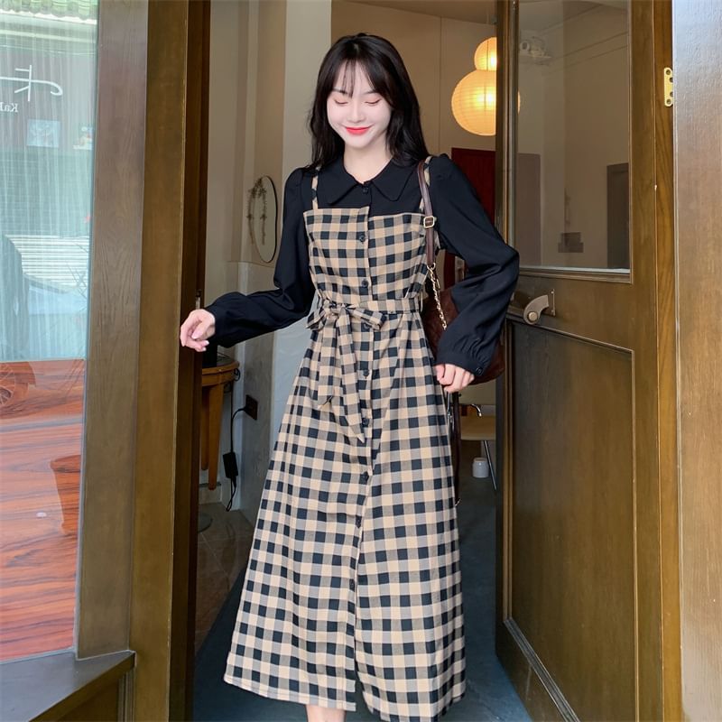 Long-Sleeve Collared Plaid Mock Two Piece Midi A-Line Dress