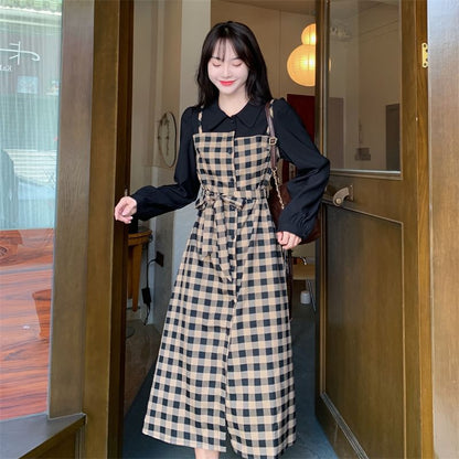 Long-Sleeve Collared Plaid Mock Two Piece Midi A-Line Dress
