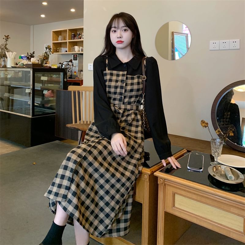 Long-Sleeve Collared Plaid Mock Two Piece Midi A-Line Dress