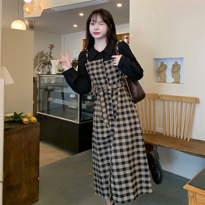 Long-Sleeve Collared Plaid Mock Two Piece Midi A-Line Dress