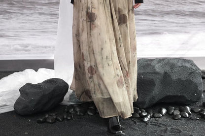 Queen Anne Neckline Print Long Sleeve A-Line Maxi