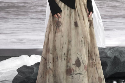 Queen Anne Neckline Print Long Sleeve A-Line Maxi