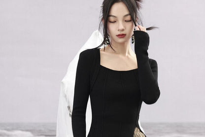 Queen Anne Neckline Print Long Sleeve A-Line Maxi