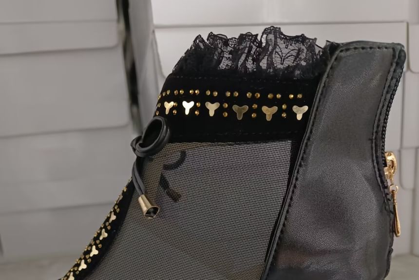 Pointed Panel Chunky Ankle Trim Lace Boots Mesh Heel